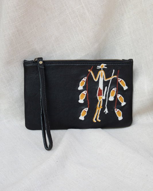 Black Leather Clutch with Wrist Strap