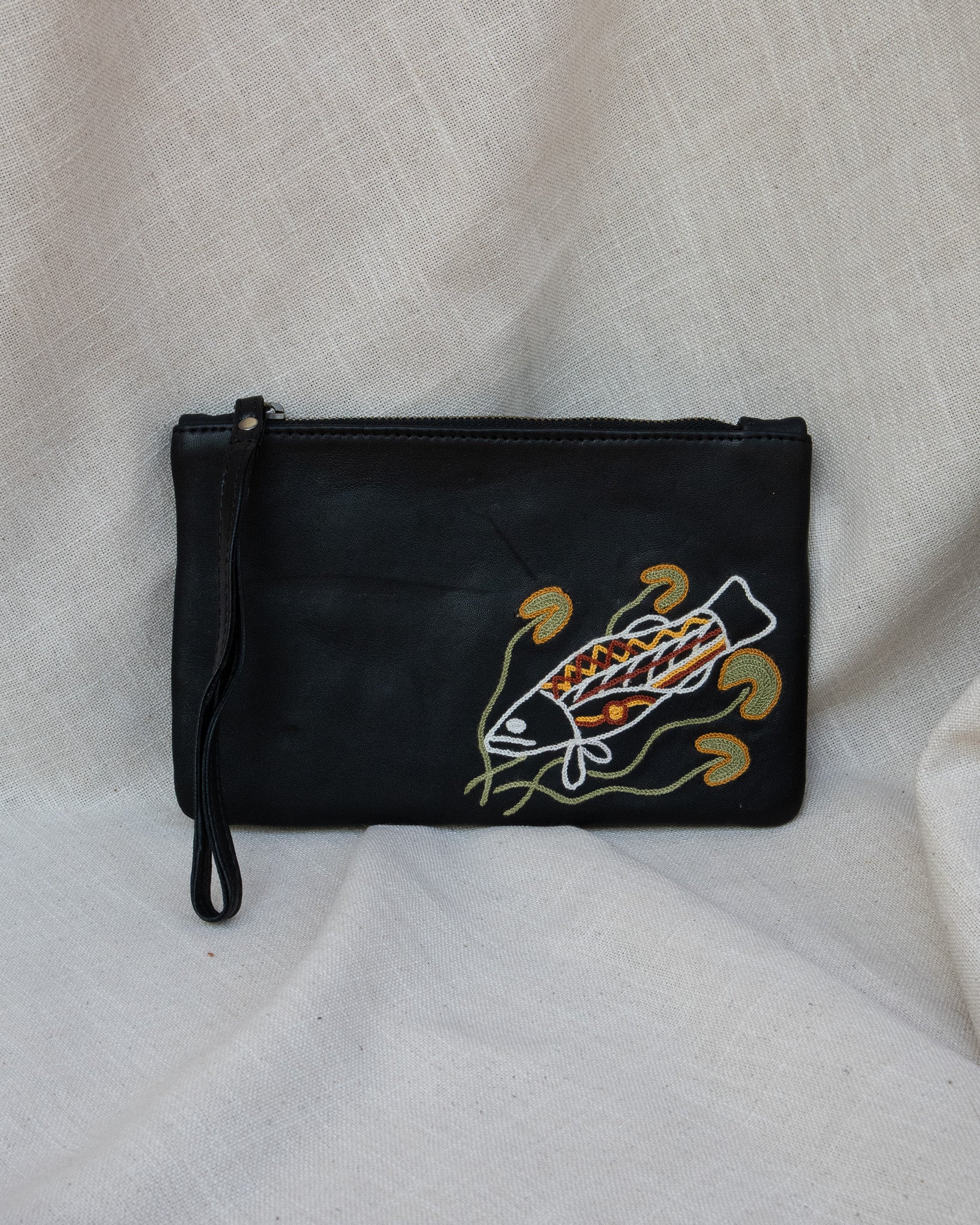 Black Leather Clutch with Wrist Strap
