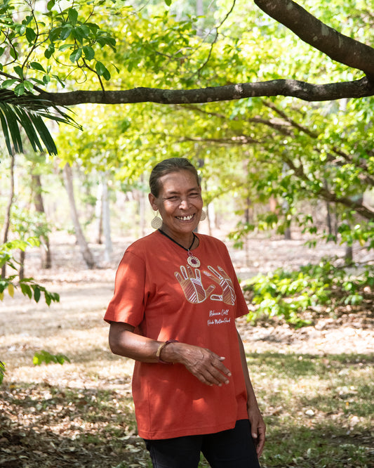 Ochre Hands T-Shirt with Artwork by Aboriginal Artist Rebecca Cahill - plain back