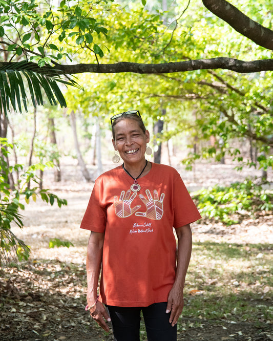 Ochre Hands T-Shirt with Artwork by Aboriginal Artist Rebecca Cahill