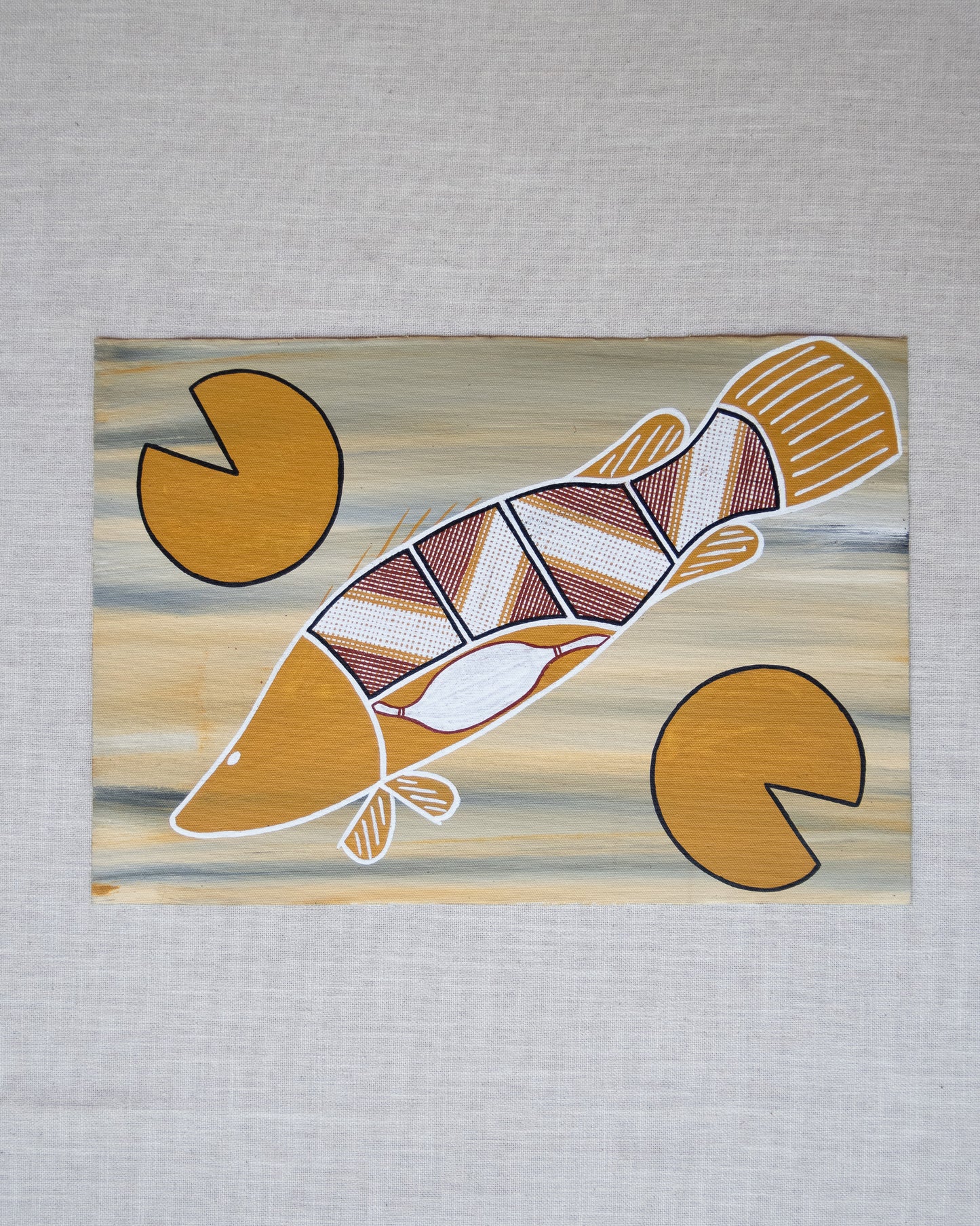 Barra and water lily aboriginal artwork Kakadu