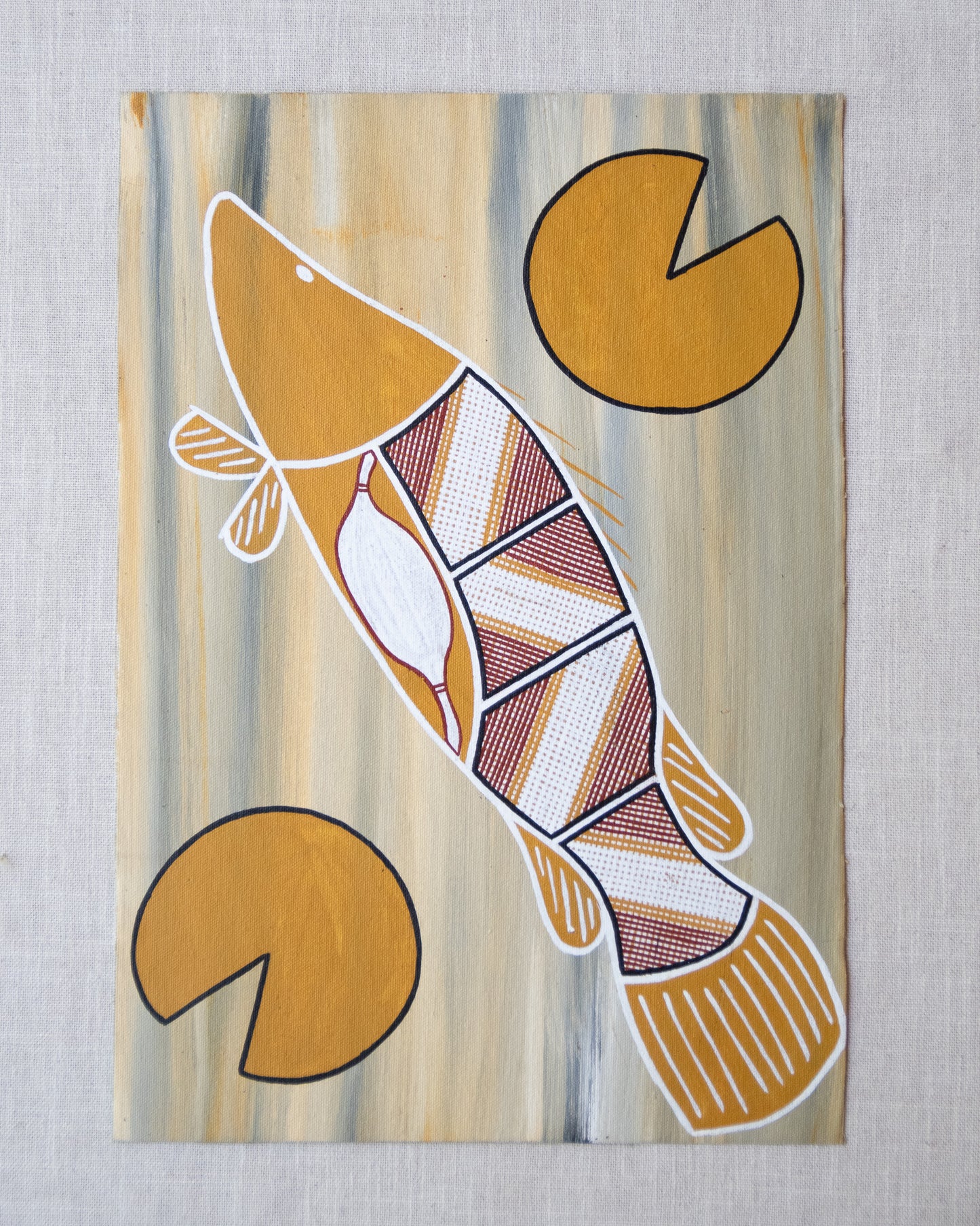 Authentic aboriginal painting with barramundi fish