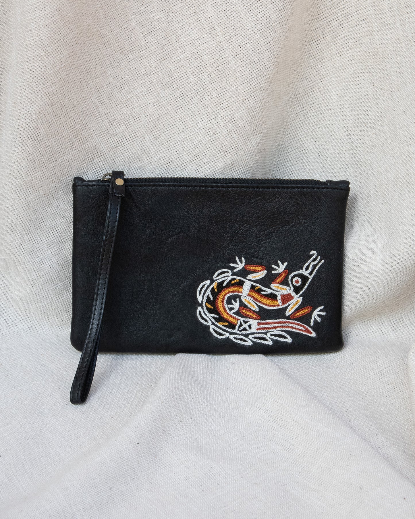 Black Leather Clutch with Wrist Strap