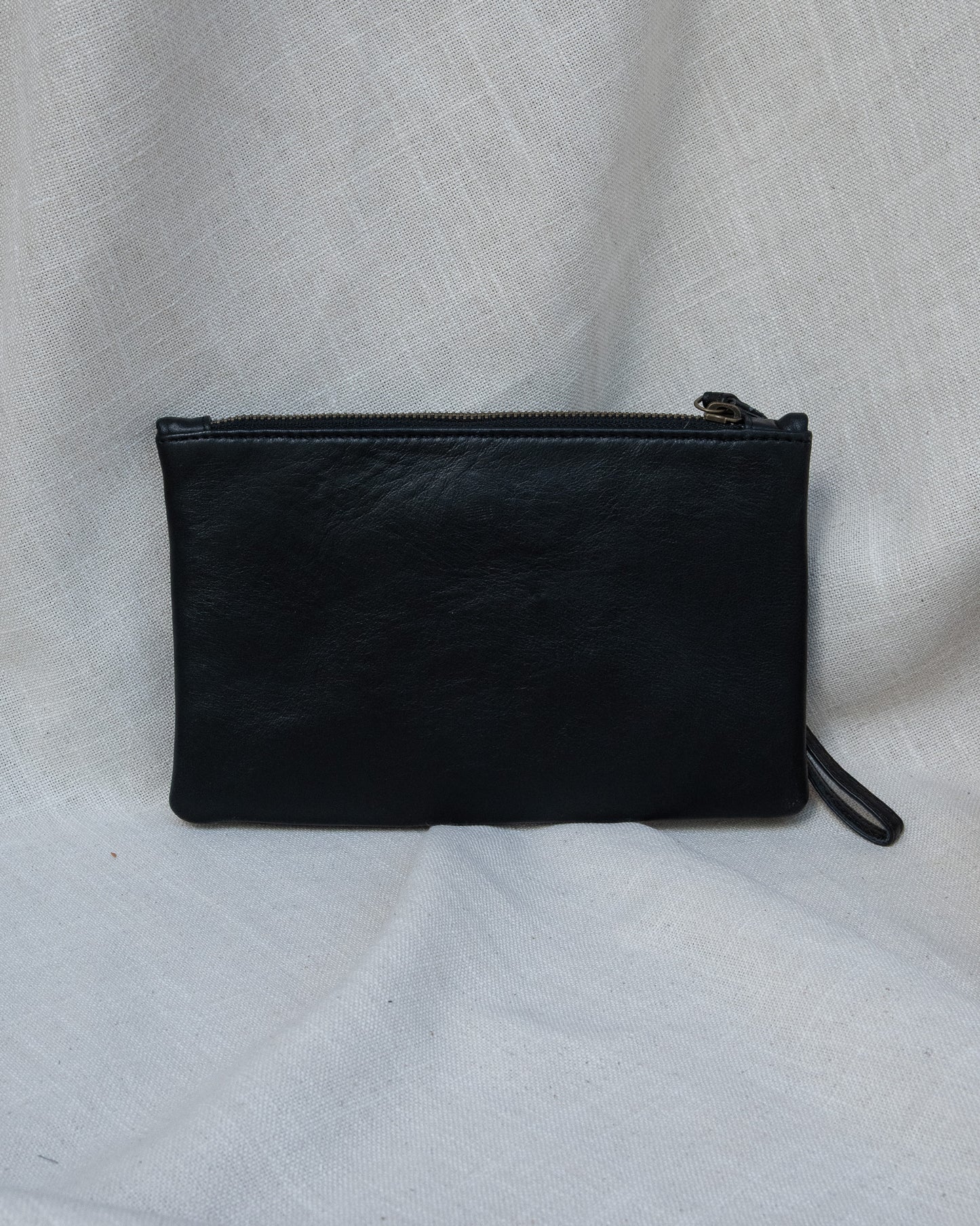 Black Leather Clutch with Wrist Strap