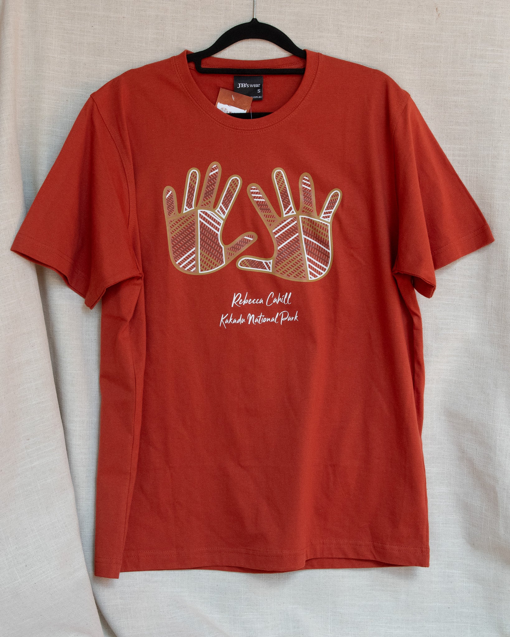 Ochre Hands T-Shirt by Aboriginal Artist Rebecca Cahill 